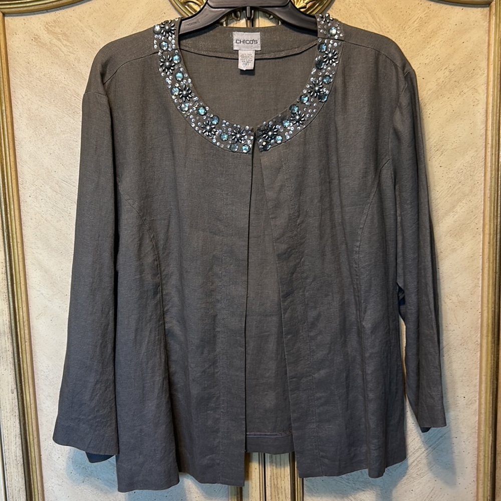 Chico's Khaki Green Sequin Beaded Open Front Linen Jacket